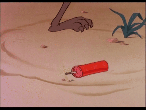 Wile E. Coyote steps on dynamite, which explodes.