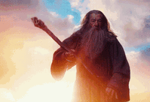 Gandalf strikes his staff on the bridge to block passage in The Lord of the Rings.